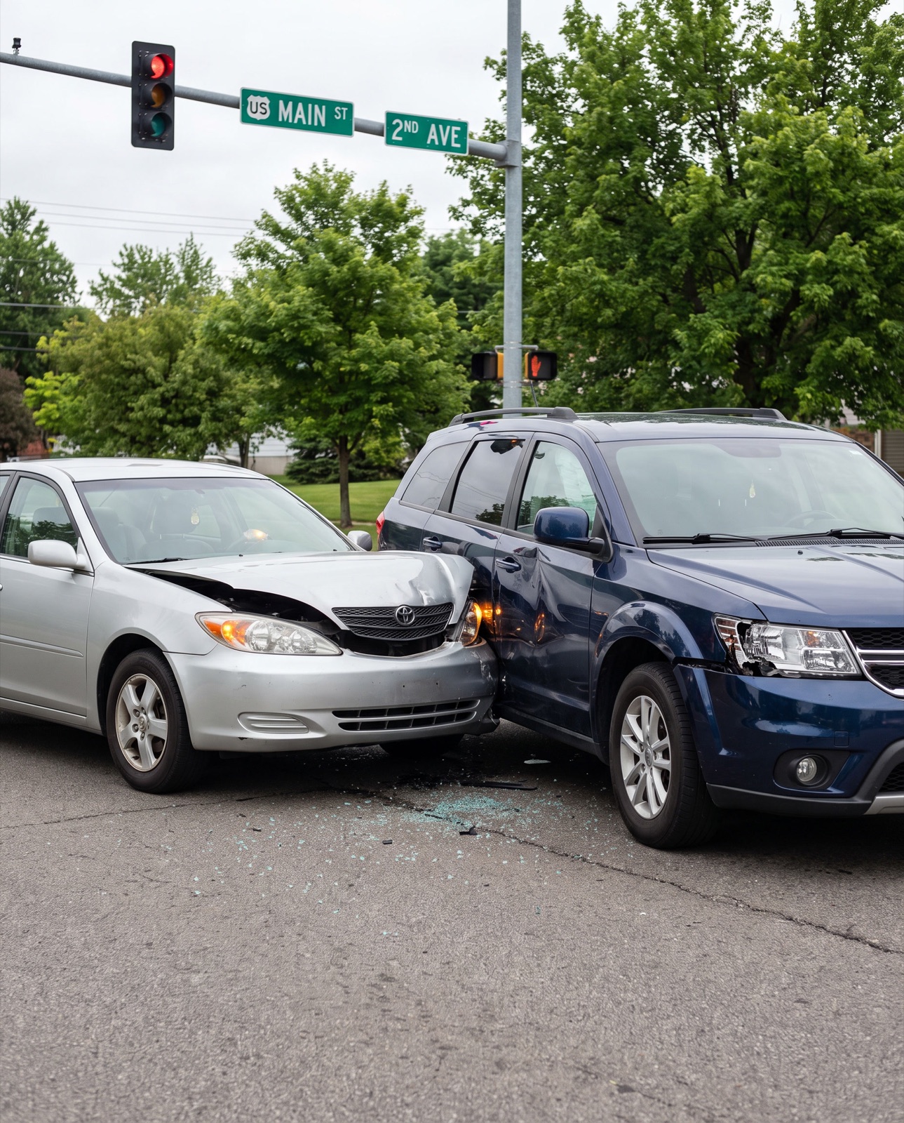 Two cars after a side-impact collision at an intersection